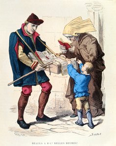 Könyveladó a tizenötödik században, a Costumes de Paris a Travers les Siecles 1887-ben megjelent könyvéből (színes metszet)